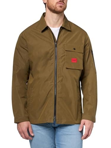 Image of HUGO Men's Cotton Mix Canvas Zip Up Overshirt, British Olive, Medium