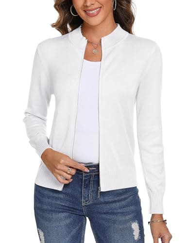 Image of Aottori Knitted Cardigans for Women UK Zip Up Basic Jacket Long Sleeve Open Front Cardigan Lightweight Casual Knitwear White L