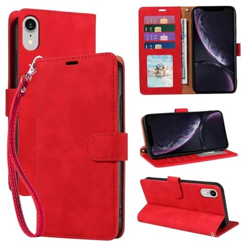 Image of GOTOURED for iPhone XR Case Wallet, [RFID Blocking 4 Card Slots] [Wrist Strap] [Kickstand] [Magnetic Closure] Shockproof Protective Soft Leather for iPhone XR Flip Cases Cover 6.1 inch (Red)