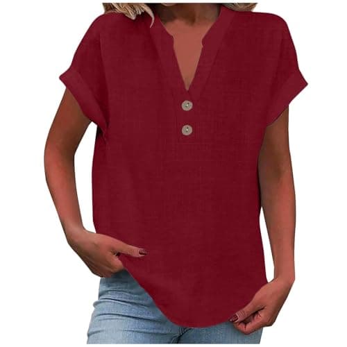 Image of Womens t Shirts, Ladies Tops 2025 Women's Summer Cotton Linen Cap Sleeve T-Shirt Button V Neck Tunic Top Fashion Baggy Solid Plain Casual Shirts Trendy Blouse Wine
