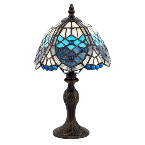 Image of Classic Hand Crafted Beaded Tiffany Table Lighting Lamp in Midnight and Sky Blue | 36cm Height | Inline Cable Switch by Happy Homewares