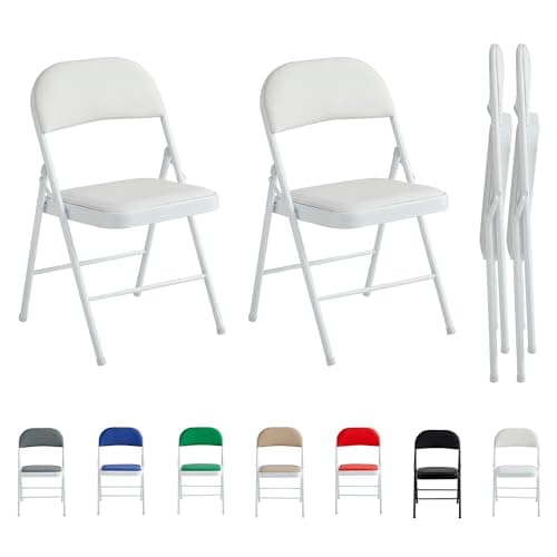 Image of mcc direct Folding Chairs, Faux Leather Foldable Chairs with Metal Frame and Padded Seat, Easy to Fold and Store for Home, Office, Dining and Reception (2, White)
