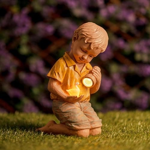 Image of Garden Mile Solar Boy Garden Ornament - Resin Boy and Duck Statue with Solar Lantern Light - Weatherproof Outdoor Decoration for Patio, Lawn, Flower Beds - Durable 25 cm Hand-Painted Garden Figure