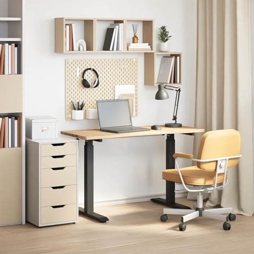 Image of GeenYuu Height-adjustable desk, black, natural, 120 x 60 cm, solid oak, steel frame, office, home office, workplace, ergonomic, flexible
