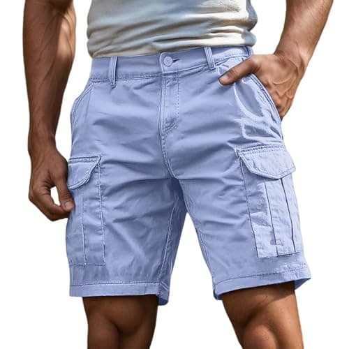Image of CEWIFO Mens Outdoor Combat Cargo Shorts Summer Quick Dry Breathable Cotton Multi-Pockets Workwear Casual Knee Length Pants Elasticated Waist Plain Stretch Chino Short (A1-Light Blue, XL)