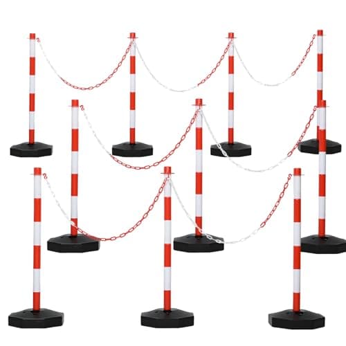 Image of Post and Chain Barrier Kits,10 Posts RED & WHITE Free Standing Safety Bollards,Plastic Chain Link Barrier for Crowd Control,Traffic,Queuing line (RED&WHITE)