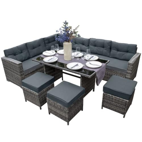 Image of Rattan Corner Dining Set Outdoor Garden Furniture Grey 9-Seater L Shape Sofa Stools Tempered Glass Table UV Protected Waterproof Grey Seat Back Cushions Patio Conservatory Lounge FREE Rain Cover