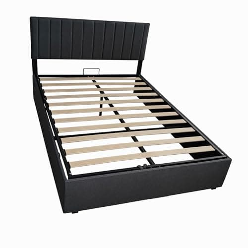 Image of Panana Upholstered Double Bed 135 x 190cm, Ottoman Storage Bed with Hydraulic Lever, Fabric Ottoman Lift Up 4FT6 Double BedFrame, No Mattress (Grey Vertical Stripes Headboard, 150 x 200cm)