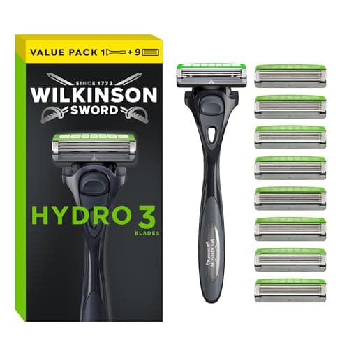 Image of Wilkinson Sword Hydro 3 Men’s Razor, Great Addition to Wash Bags for Men's Grooming, Great Shavers for Routine Shaving, 1 Reusable Handle plus 9 Blades Refills Pack