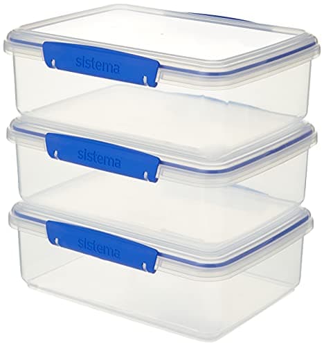Image of Sistema 1723 Klip It Food Storage Container Set, Large Airtight Food Boxes with Clip-Close Lids, BPA-Free, Blue Clips, 2 L, 3 Count