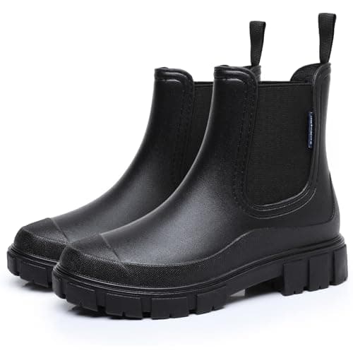 Image of FOGOIN Wellington Boots Women Ankle Wellies Ladies Short Chelsea Booties Waterproof Rain Boots Slip-on Black 4UK/37EU