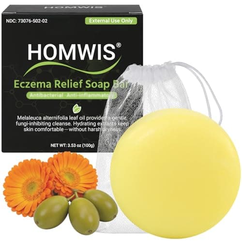Image of HOMWIS Eczema Soap, Moisturising Soap Bar for Dry Itchy Irritated Sensitive Skin, Dermatitis, Psoriasis & Rashes Relief, Gentle on Face & Whole Body, 100g