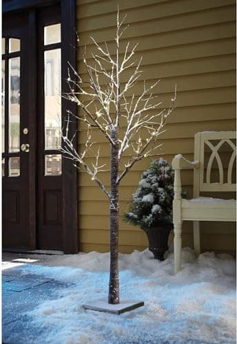Image of Marco Paul 4ft Snowy Effect Brown Christmas Twig Tree Pre Lit With 48 Warm White LED Tree Decorations Waterproof for Christmas Home Party Wedding Battery Operated (120cm)