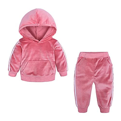 Image of Baby Infant Girls Boys Pants Set Velvet Hooded Solid Color Sweatshirt Drawstring Pants Tracksuit Set 2Pcs Spring Fall Pink 120 3-4 Years