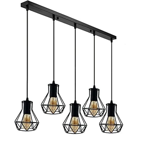 Image of DC VOLTAGE Industrial 5-Way Pendant Ceiling Light Fixture – Black Metal 14cm Cage Design, Adjustable Hanging Vintage Edison Lamp Shade, 50cm Bar, E27 Bulb Compatible for Kitchen, Dining & Living Room