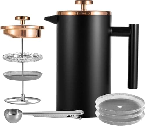 Image of Wrobic Cafetiere French Press Coffee Maker 600ml/20oz Double-Wall Insulated Stainless Steel, 3 Level Filtration System, French Press for Home, Camping and Office,(2 cup to 4 cup Black)