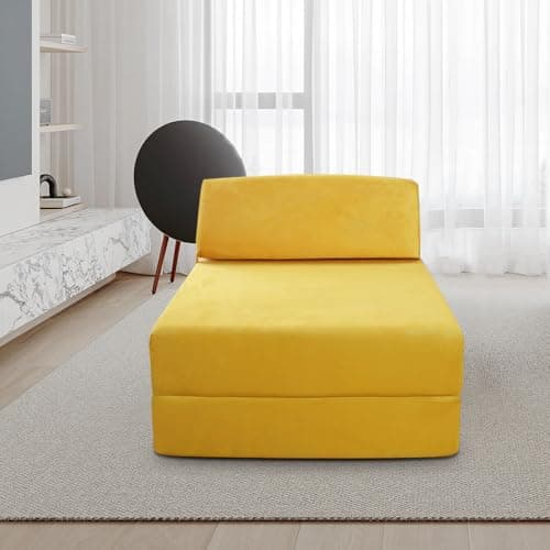 Image of Panana Lightweight and Comfy Lazy Z Bed Deluxe Futon Fold Out Sofa For Adults Kids Children Single Folding Mattress Sleepover Chair Living Room Bedroom Toddler Furniture (Yellow, Single)