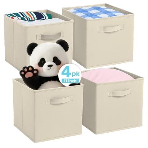 Image of Pinkgarden Storage Box, Collapsible Fabric Storage Cube with Handles for Home, Kids Room, Closet and Toy Organization,Pack of 4, 26.7 x 26.7 x 27.9 cm, Beige