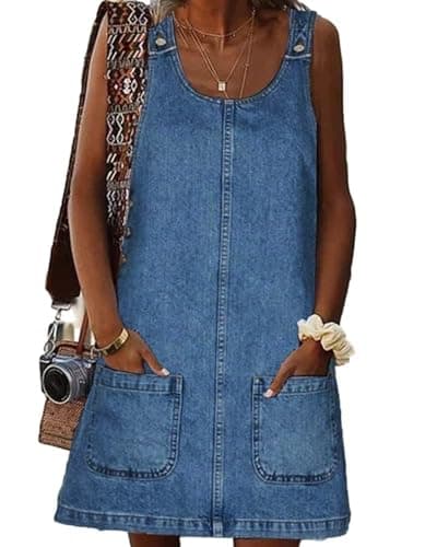 Image of MINTLIMIT Women's Sleeveless Overall Denim Dress Crewneck 2025 Vintage Loose Casual Jean Dress with Pockets Dark Blue