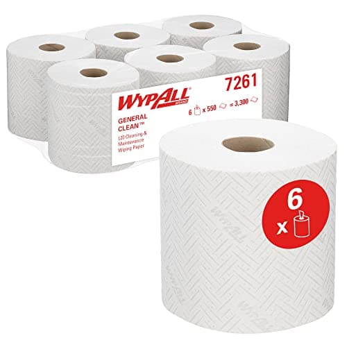 Image of WypAll L20 General Clean 7261 Centrefeed Paper Wipers, 2-Ply White Embossed Rolls – Single Sheet Dispensing, 6 Rolls x 550 Sheets (3,300 Total)