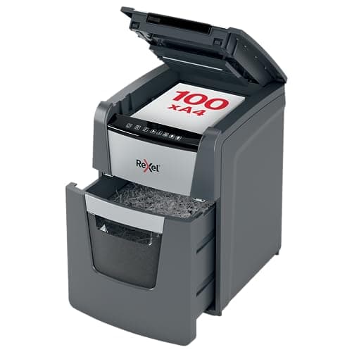 Image of Rexel Optimum Auto Feed+ 100 Sheet Automatic Micro Cut Paper Shredder, P-5 Security, Home/Home Office, 34 Litre Removable Bin, 2020100M,Black