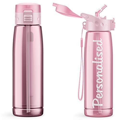 Image of Purple Print House Personalised Water Bottle With Straw - 660ml - School Water Bottles - Gym Bottle - Bpa Free - Cycling Sports - Add Your Custom Name To Bottled Water (Pink)