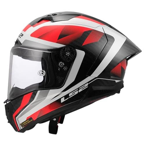 Image of LS2 Thunder Carbon Crash Helmet. FF805 6K Carbon. Full Faced Motorcycle Helmet - ECE 22.06 Homologation - RAUTE Gloss White Red - M