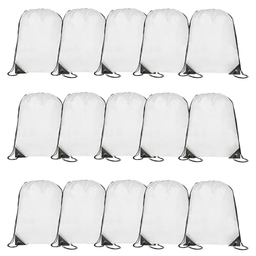 Image of Playcrate 15 White Drawstring Bags Backpack - Party Gift Bags & Sports String Bag for Gym, School, Travel Storage Organization (White)