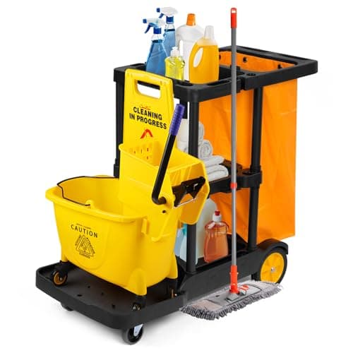 Image of bimiti Janitorial Trolley Cleaning Cart Trolley Housekeeping Commercial Cleaning Utility Service Cart Large Capacity Utility Oxford Bag,Side Hook Design,&Swivel Wheels