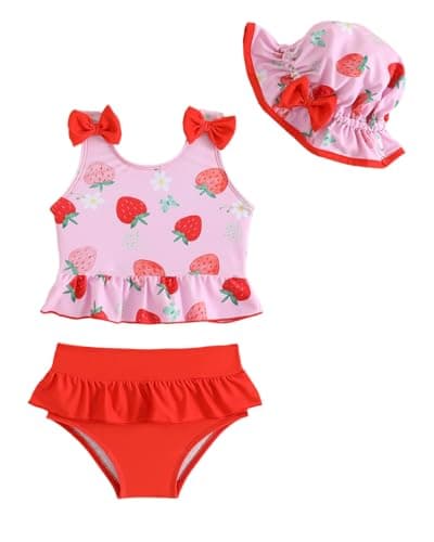 Image of Baby Girls' Tankini Swimsuit Set 9M-3T, 3-Piece Toddler Swimming Costume Rash Vest with Hat, Cute Infant Bikini Swimwear with Ruffle Bottoms, Pink Strawberry 18-24 Months