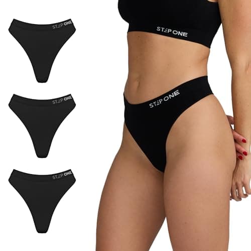 Image of STEP ONE SmoothFit Seamless Thong for Women, 3 Pack, Ultra-Soft, Breathable Bamboo Moisture Wicking Underwear Women, No VPL, Hypoallergenic, Everyday Comfort Thong Black M