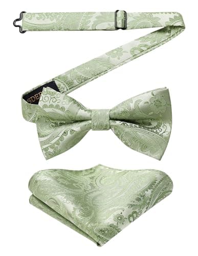 Image of HISDERN Mens Pre-tied Bowtie and Handkerchief - Sage Green Bow Tie and Pocket Square Wedding Paisley Bow Ties for Men Adjustable Dickie Bowties Set