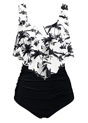 Image of Aidotop Swimsuit for Women Top Ruffled High Waist Swimwear Two Pieces Bathing Suits Bikini Sets(1black Coconut,UK 18-20(XL))