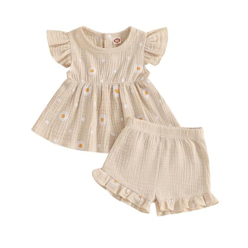 Image of XIXIMAON Cute Baby Girls Summer Outfits Daisy Floral Print Flying Sleeve Ruffle Shirt Tank Tops Ruffle Elastic Shorts Set 2pcs Toddler Girl Cotton Linen Set (Khaki, 6-12 Months)