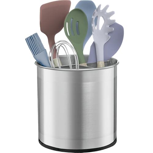 Image of Extra Large Stainless Steel Kitchen Utensil Pot - 360° Rotating Utensil Holders - Weighted Stable Base - Utensil Storage Caddy with Removable Divider for Easy Cleaning - Utensil Holders & Organisers