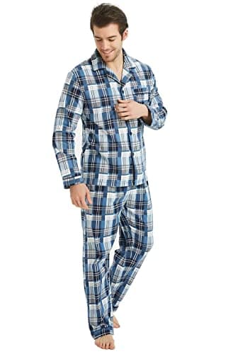 Image of Global Mens Pyjama Sets | 100% Cotton Soft Flannel Pjs | Long-Sleeve Top Elastic and Drawstring Bottoms Blue White ,Tartan L