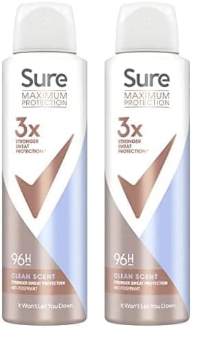 Image of Sure Maximum Protection Clean Scent Anti-perspirant Deodorant Aerosol 96h protection anti-perspirant deodorant spray for 3x stronger* sweat protection 150 ml (Pack of 2)