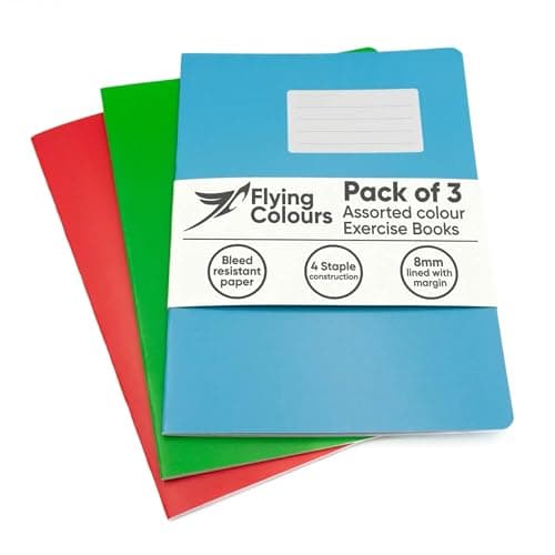 Image of Flying Colours A4 Exercise Books 8mm Lined Pages, 3 Assorted Colour Exercise Books A4 Lined in Red, Green & Blue, Writing Book pack for Home or School Revision Notebooks, Journaling & Office Notes