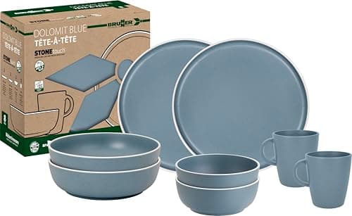 Image of Brunner Dolomit Melamine Camping Dinner Set, Anti Slip Outdoor Tableware Set, Lightweight Break Resistant Plates Bowls & Mugs, Caravan, Picnic & Camping Dining (Dolomit Blue, 8 Piece Set)