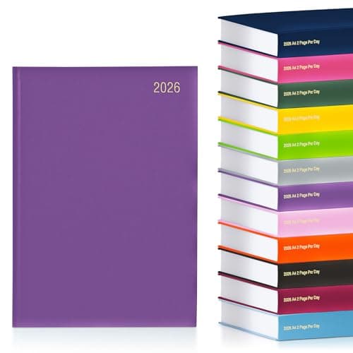Image of evelay 2026 A4 2 Page Per Day Diary - Hardback Daily Planner Organiser - Large Writing Space for School Home Office & Personal Use (A4, Purple)