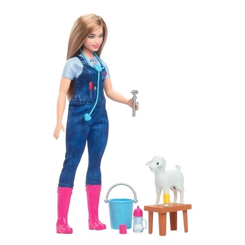 Image of Barbie 65th Anniversary Doll & 10 Accessories, Farm Veterinarian Set with Blonde Vet Doll, Lamb with Moving Ears & More, HRG42