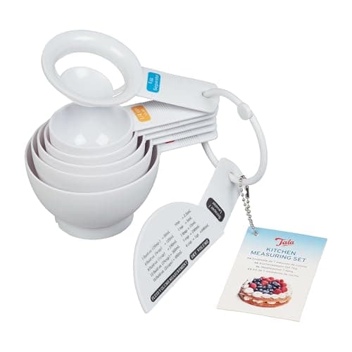 Image of Tala Kitchen Measuring Set, in White Plastic and Contains 7 Measuring Cups Including 1 cup/240ml, 3/4 cup/180ml, 1/2 cup/120ml, 1/3 cup/78ml, 1/4 cup/60ml