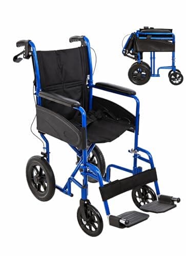 Image of Lightweight Aluminium Folding Transit Compact Travel Wheelchair Net Carry Weight Only 9.5kg, Seatbelt, Attendant Brakes, Adjustable Footrests (Blue, Wide)