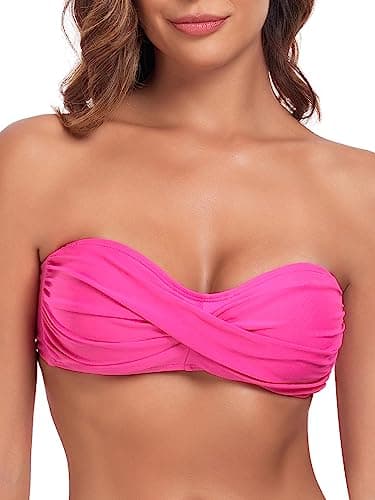 Image of Colloyes Women's Bandeau Bikini Top Strapless Tie Back Bathing Suit Top, Neon Rose Red Hot Pink, XXL