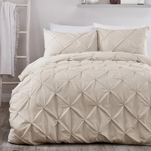 Image of Serene Lindly Pintuck Duvet Cover – Natural – King Size (230 x 220cm) – Soft Touch Microfibre – Diamond Pinch Pleat – Luxury Puckered Bedding