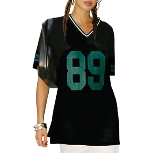 Image of Jersey Shirts for Women Y2k Oversized Number Graphic Tee T-Shirt V Neck Short Sleeve Sport Casual Tops Streetwear (B-Black, L)