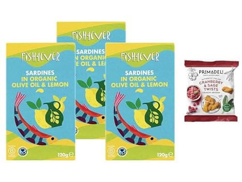 Image of Fish 4 Ever | Whole Sardines in Organic Olive Oil & Lemon 120g (Pack of 3) + Primadeli Snack - Sustainably Fished. Tin Canned Food Rich in Omega-3, Ready Seasoned, Great for Lunch Meals