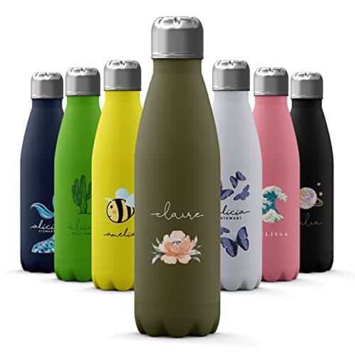 Image of Tirita Personalised Water Bottle - Thermal Travel Flask for Hot & Cold Drinks - Insulated Stainless Steel Bottle - Gym, Office, School Drink Bottles - 500ml water bottle [06- Floral Pink Rose Name]