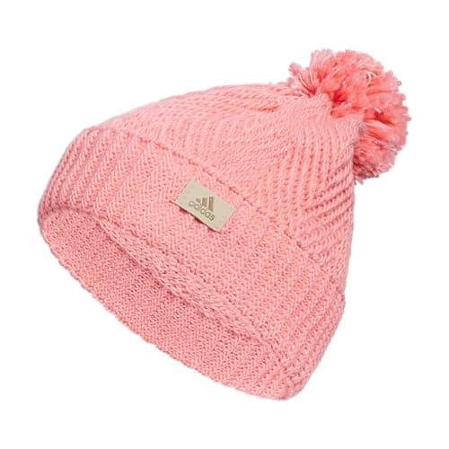 Image of adidas Womens Twilight Ballie Tall Fit Pom Beanie Crochet Knit Double Layer Cuff Fold StyleBucket Hat, Semi Pink Spark/White, One size