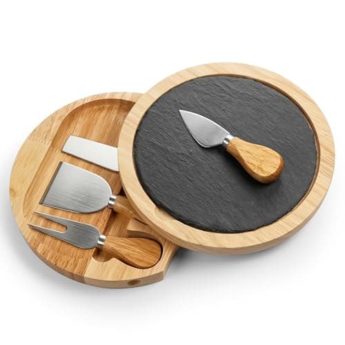 Image of besto Cheese Board and Knife Set (4 Pcs) | Hevea Wood Round Slate Cheese Board with Knives & Fork | Cheeseboard Gift Set | Hand Cleaning Recommended (Avoid Dishwasher)